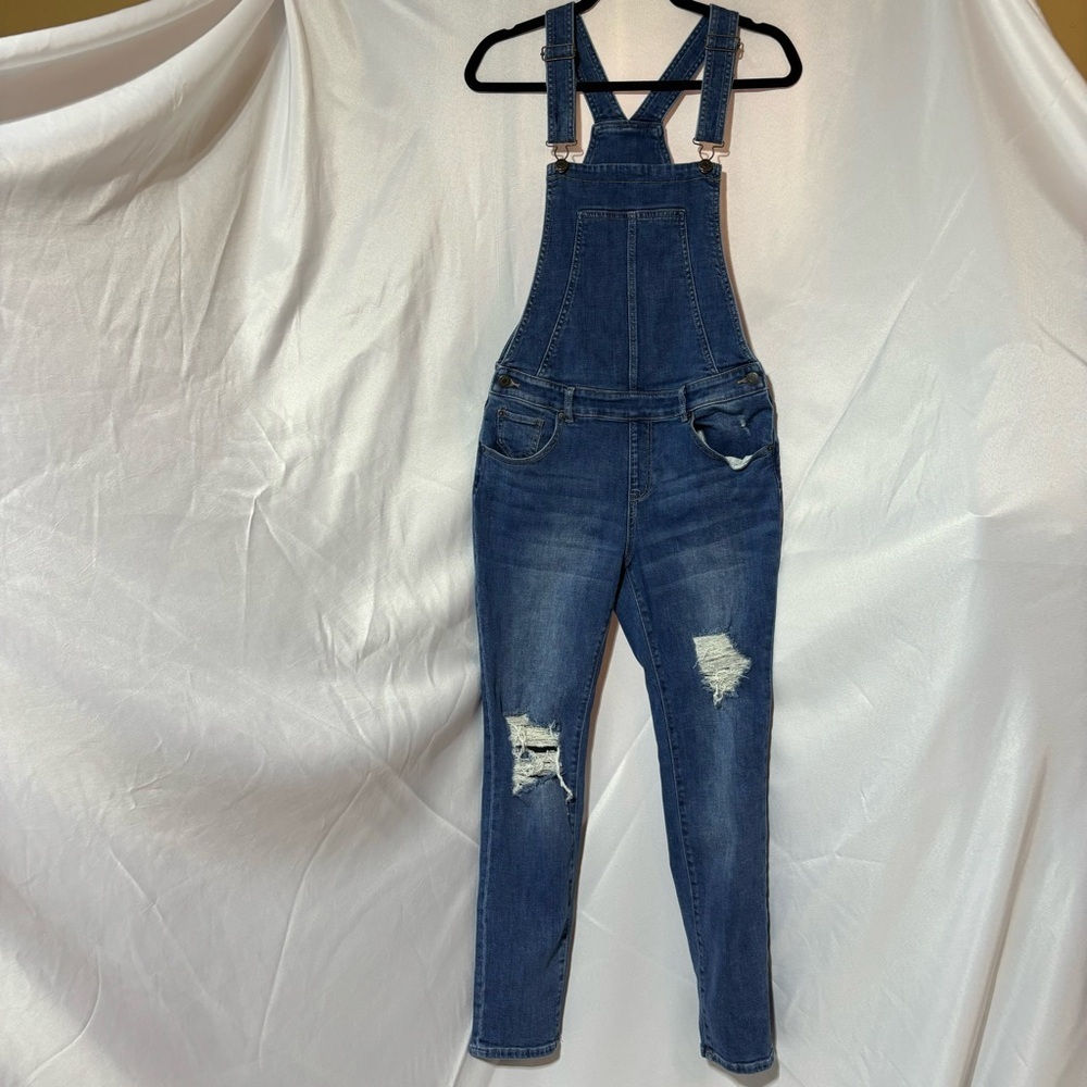SOHO by New York and Company Distressed Blue Denim Overall Jeans Workwear Size M